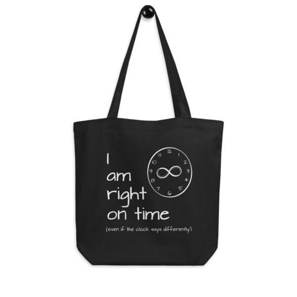 "I am Right on Time" affirmation artwork eco tote bag front hanging from hanger